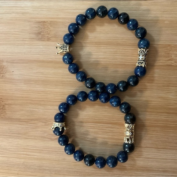 Hand Crafted Couple’s 2 Bracelets Blue Gemstone Pave King Queen Crown Rhinestone - Picture 3 of 11